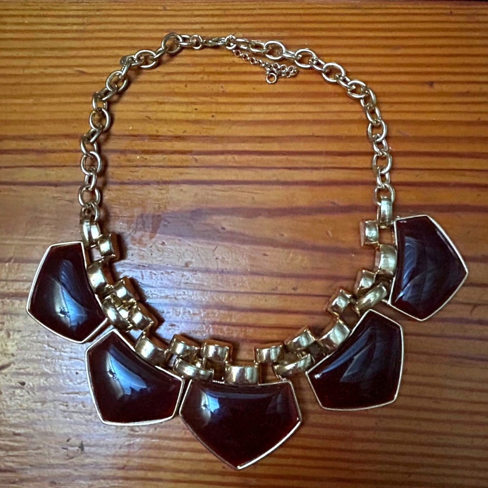 Gold Tone Statement Necklace Burgundy Resin Trapezoid Bib Chain Adjustable
